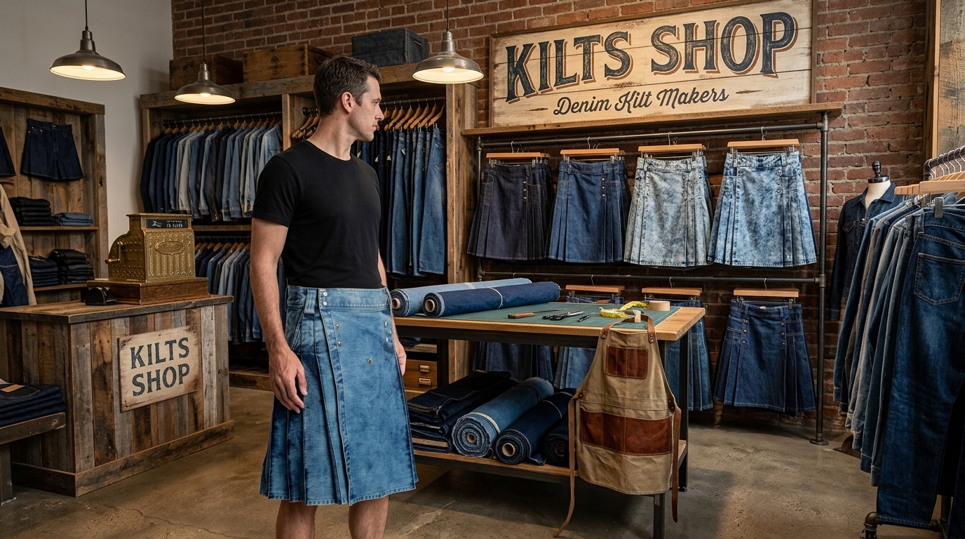 Blue denim kilt with cargo pockets