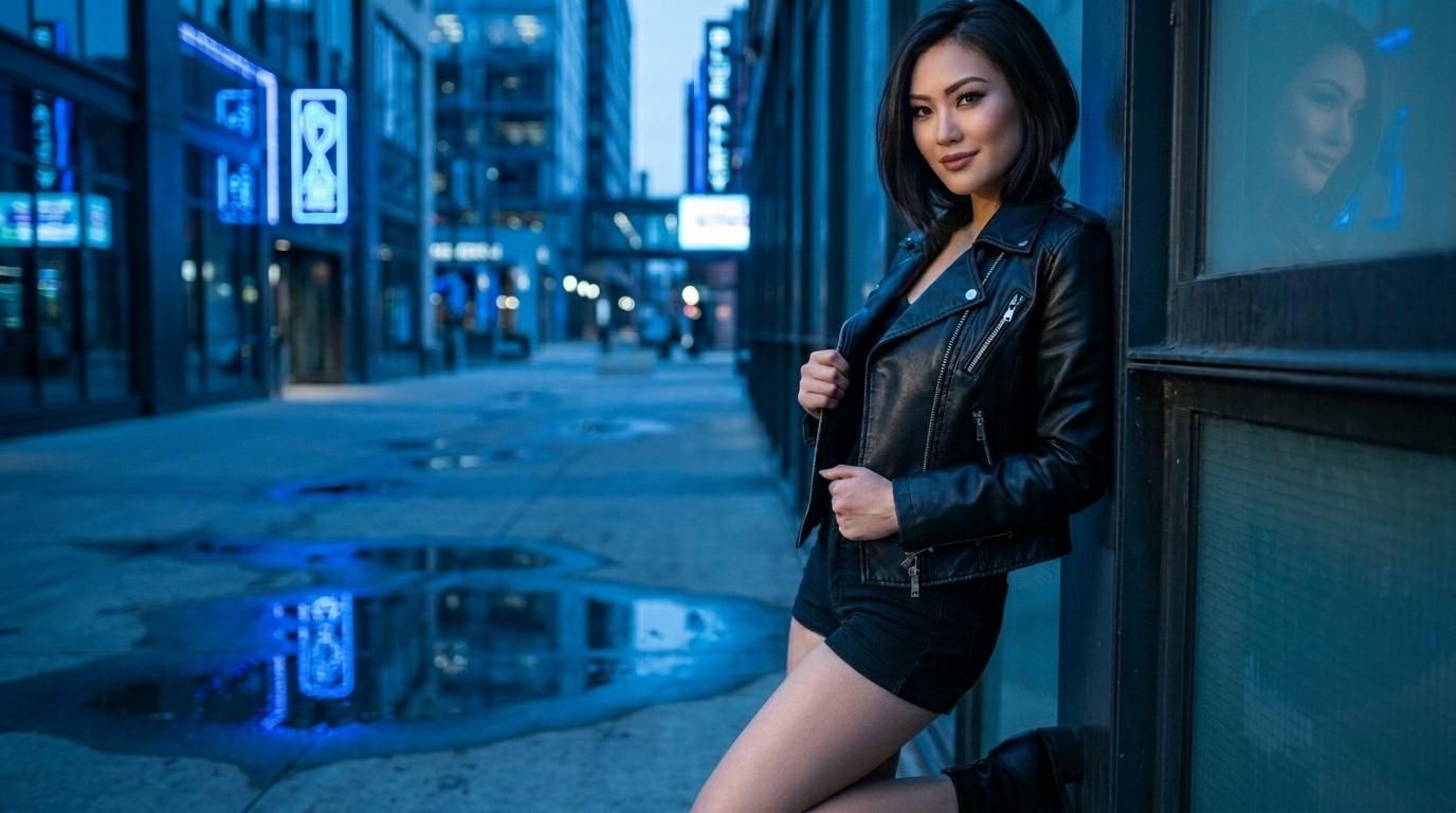 Woman wearing stylish leather jacket outfit