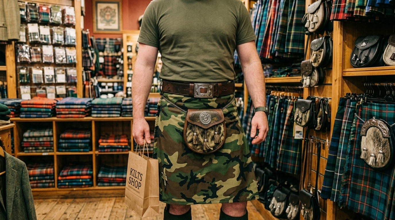 Green camo utility kilt for men with cargo pockets and adjustable waist – KiltsShop USA