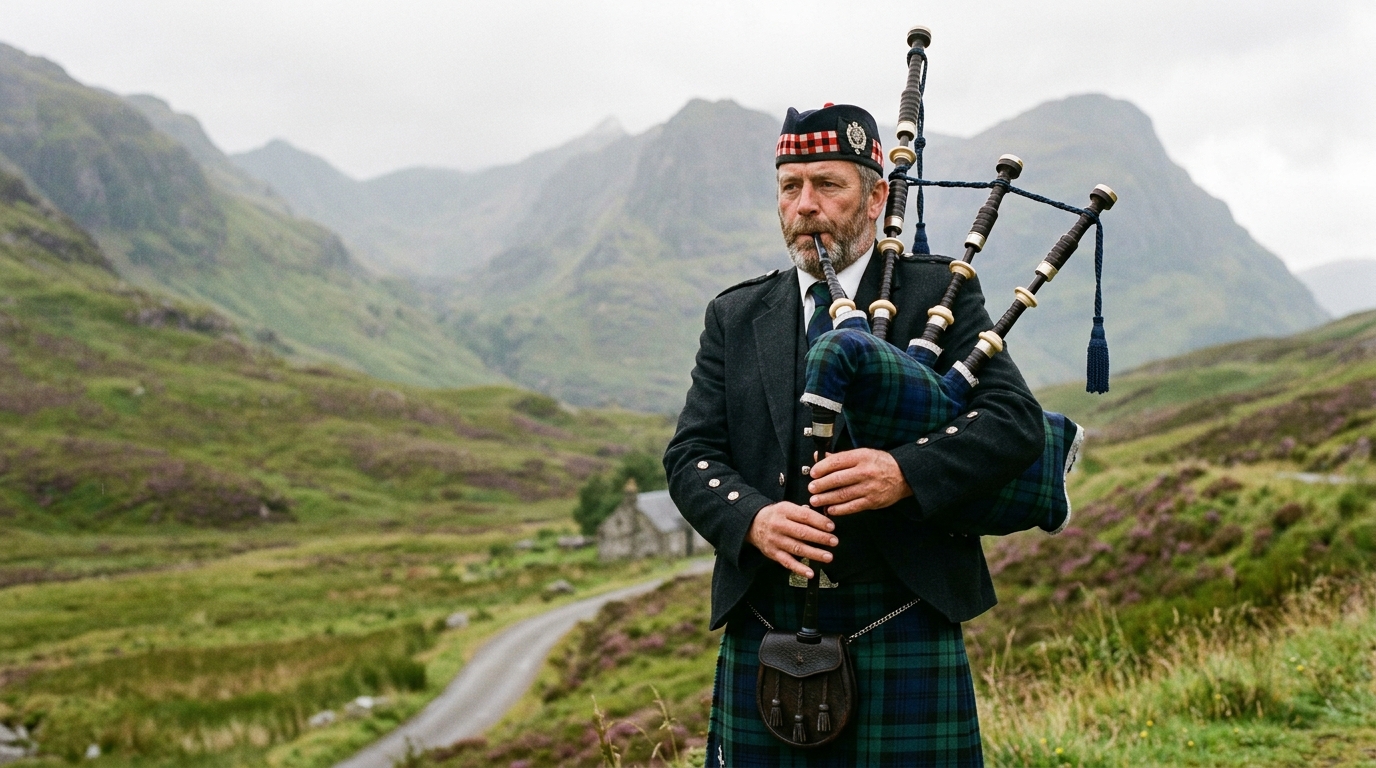 Scottish bagpiper playing Highland bagpipes
