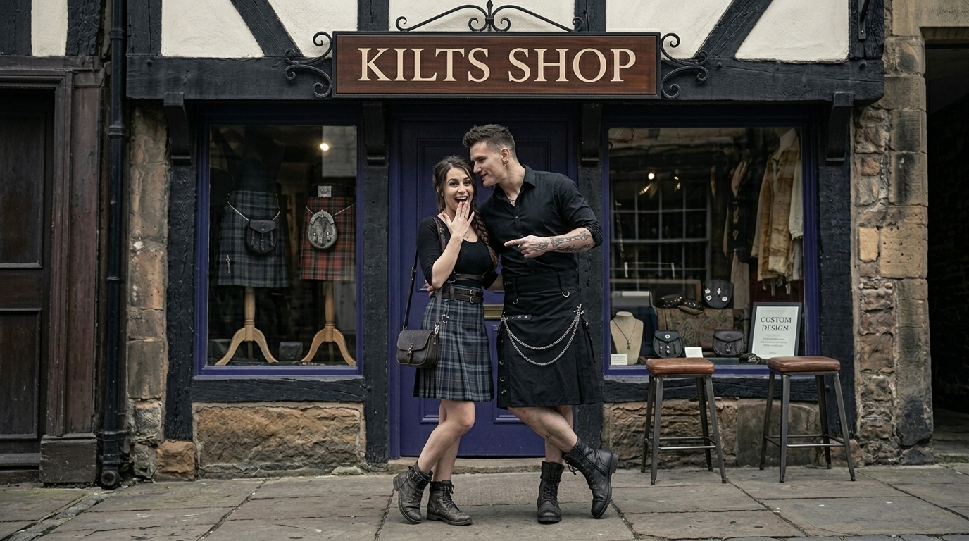 Gothic steampunk kilt for men with metal buttons and O-rings – punk style kilt USA