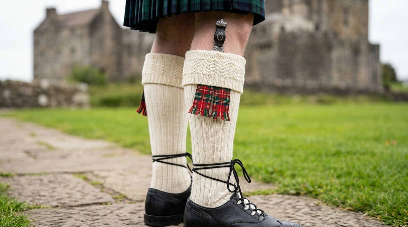 Cream kilt hose worn with tartan kilt