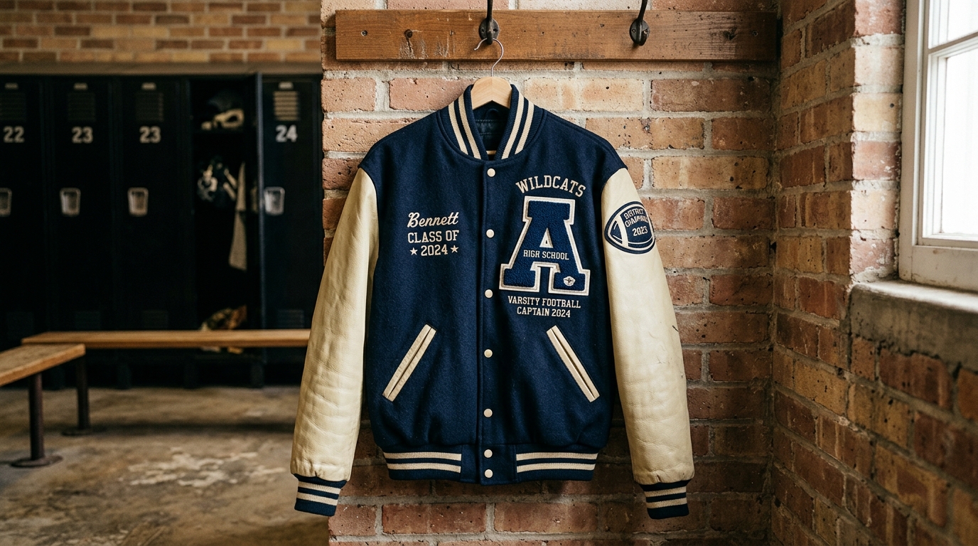Handmade varsity jacket with wool sleeves