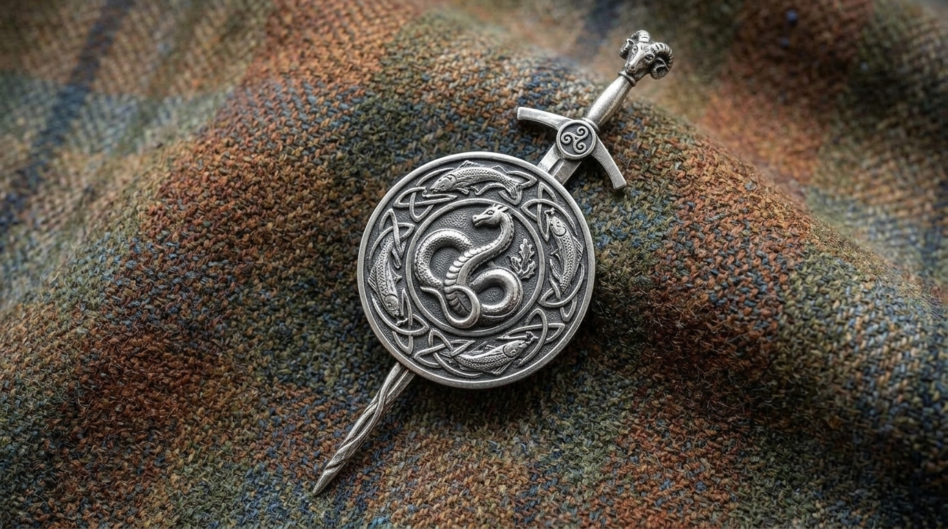 Large 6-inch Scottish kilt pin with detailed Celtic design