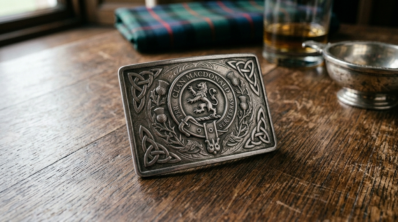 Man wearing Scottish kilt buckle with traditional kilt