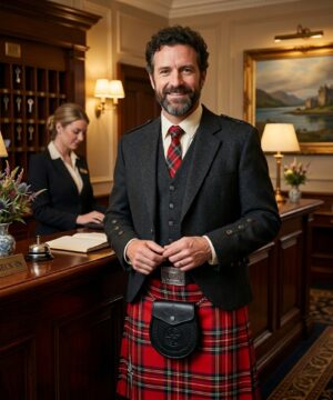Royal Stewart PolyViscose Kilt in traditional red tartan pattern for men