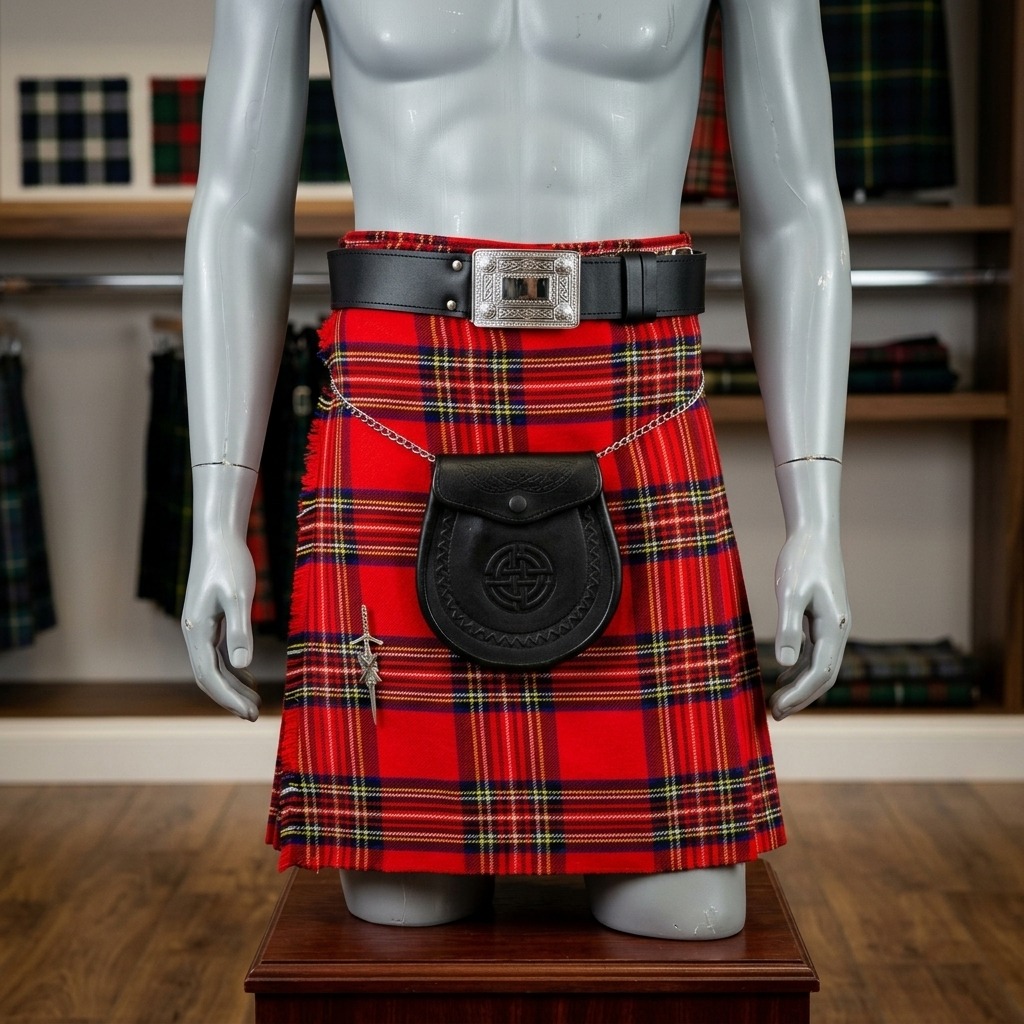 Traditional red and black Royal Stewart tartan kilt for weddings and events