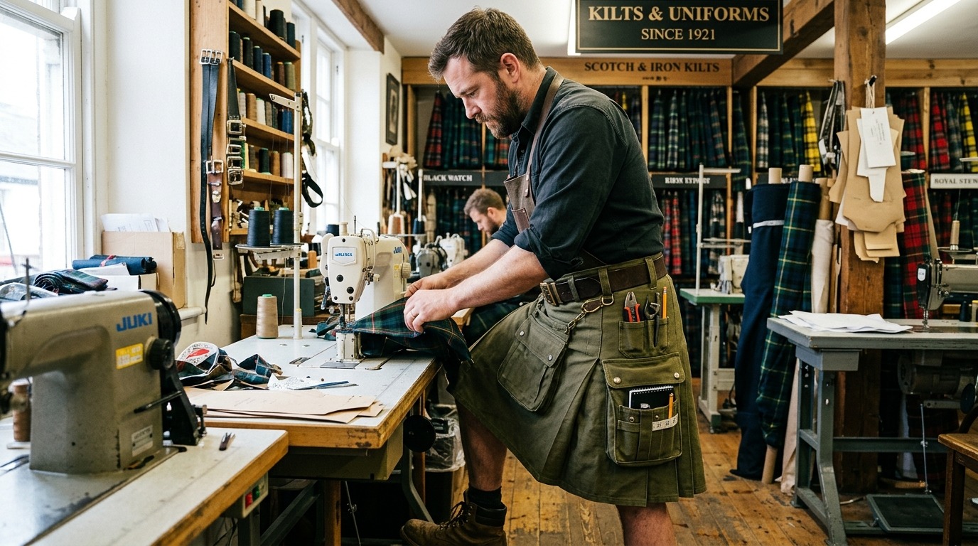 Durable Scottish work kilt with tool pockets for construction workers