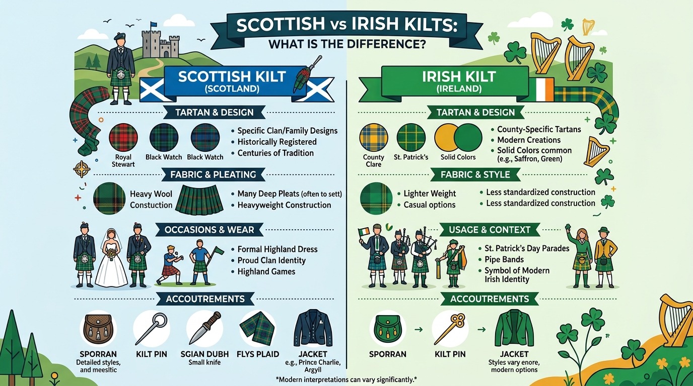Both Scottish and Irish kilts are popular in the UK, Germany, France, USA, Italy, Belgium and Canada. These kilts are made from the finest fabrics i.e, tartan, wool, tweed, polyviscose, leather, denim and camouflage. Scottish kilts were first used in Scotland and later became popular in Ireland. Ireland also created their own tartans that are worrn in Ireland. The popular Scotland tartans are heritage of Scotland, Pride of Scotland and Isle of Scotland. These Scottish tartans are not only used for making kilts but also Scottish flashes, hats, kilt jackets and other Scottish kilt accessories. Famous Irish tartans include Irish National, Heritage of Ireland, and Saffron. Irish tartans are soft, durable, and provide comfort and freedom of movement. We will discuss more about Scottish and Irish kilts in the following sections. What Is the Difference Between Scottish and Irish Kilts? Scottish and Irish kilts are made from high quality fabrics. Scottish and Irish kilts are worn in the same way, so there is no difference in wearing both types of kilts. All handmade kilts wrap around the waist and are fastened with leather straps or adjustable waistband buttons. These kilts Celtic are better than trousers or pants as these garments provide full flexibility. What Is a Scottish Kilt? A Scottish kilt is the symbolic kilt of Scotland and it is worn in such a way that the plain apron is placed on the front side of the body while pleated part is placed on the back of the body. This Highland Scottish kilt features two or three cowhide straps and chrome buckles to fasten the kilt. What Is an Irish Kilt? An Irish kilt is the traditional kilt of Ireland and worn by a large number of people in Ireland and Scotland. There are several popular Irish tartans used for making a variety of Irish garments and accessories such as kilts, jackets, sporrans, flashes, shoes, shawls and fly plaids. Key Differences at a Glance Both are heritage styles for specific nations i.e, Ireland and Scotland. The main difference is the primary tartan color. The Irish origin tartans are green while the Scottish origin tartans are blue. Athough there are also many clan and universal tartans in Ireland and Scotland. It is up to the wearer whichever tartan they choose for their kilt and accessories. History of Scottish Kilts The great kilt was the full length wool fabric that not only covered the upper part of the body but also the lower part. This full length was not cut in half, the Scottish great kilt was worn in such a way that it covered both the lower and upper parts of the body. It was worn by the general public and by soldiers. Later, this tradition spread to Ireland. Origins of the Scottish Kilt Scottish kilts originated in Scotland. Traditional style Scotland kilt was itself not a kilt, it was a large piece of woolen fabric that was used throughout Scotland, including Edinburgh and Glasgow. Later it was worn in other parts of the United Kingdom. The Great Kilt and Early Highland Dress Great kilt was a first Highland dress that was worn by Highlanders and the general public in Scotland. It acted like a blanket or shawl that covered the body to protect from cold weather. How Scottish Tartans Became Popular In the early 16th century, a few tartans or plaids were used to make shawls or blankets. Only a few royal tartans were used by royal families. With the passage of time, more tartans were created by clan families and used by royal families only. Some universal tartans were also invented and these tartans were available for the general public to use in their daily life. The Role of Clan Tartans in Scotland Clan tartans play an important role in Scottish heritage. These tartans were invented by Royal families of Scotland. They invented their tartans to show a distinction in dress from the general public. These clan tartans were not available for the general public to use in any product. Today, there are no such general rules about clan tartans, anyone can choose a clan for their need. History of Irish Kilts After the invention of the unstitched kilt, people in Ireland also took an interest in the woolen fabric. The general population of Ireland also adopted this style and people began using woolen fabric for making various household items such as cushion covers, blankets, bed sheets and mattress covers. People also used woolen fabric to protect from cold weather. Origins of the Irish Kilt Irish national and heritage of Ireland kilt was first worn throughout Ireland. People first used unstitched fabric but later they start wearing stitched kilts. They also wore trews and other tartan dresses. Irish National and Heritage Tartans Irish national and Irish heritage tartans are the primary tartans for the Irish people. These tartans are not only used for making kilts but also other tartan garments such as tartan waistcoats, tartan coats, tartan sporrans, tartan trews, tartan flashes and other accessories. Development of the Modern Irish Kilt During the 19th century, the modern Irish kilts were discovered. These Irish kilts are made from the Irish tartans i.e, Irish national and Irish heritage. These modern kilts feature plain front apron and sewn pleats but there were no buttons, studs and pockets. However at the start of the 21st century, the traditional kilts evolved into tartan utility kilts. Irish Kilts and Celtic Heritage If you want to know Celtic heritage of Ireland then Irish kilts are treated as the symbolic kilts. These heritage kilts are national identity of the Ireland. People wear the Celtic heritage at various events such as St. Patrick's Day. Scottish Kilt vs Irish Kilt: Design and Construction The design and style of Scottish and Irish kilts are similar. The traditional and modern style kilts are made in similar style but the customization facilities are available at our store. Our team can change the traditional style according to your requirements. Scottish Kilt Design and Construction Scottish kilts are made from various durable fabrics but the best fabrics for making kilts include tartan, wool and polyviscose. Each tartan Scottish pattern can be made from these fabrics. The traditional kilt Scottish is made in 5 yard and 8 yard style and these kilts feature adjustable leather straps with rust-free buckles. The modern tartan utility kilts can feature tartan straps, buckles, antique buckles, four belt loops and stylish cargo pockets. Irish Kilt Design and Construction Irish kilts are also available in high quality tartan, wool and polyviscose fabrics. These formal kilts are made in 5 yard and 8 yard styles. You can choose a style according to your occasion and outfit or you can instruct us for customization. We also offer customization facilities in modern Irish utility kilts. Pleats and Apron Styles Plain apron for Scottish and Irish kilts while pleats can be set or striped. There are two pleat styles for making traditional kilts for men. Leather Straps and Buckles Two leather cowhide straps and rust-free buckles are included with the 5-yard kilt while three leather cowhide straps and buckles are included with the 8 yard style kilt. Kilt Length Kilt length varies according to a person's height. If the person has a normal height then the ideal kilt length may be 24 inches. You can give us your own length measurement by measuring from the waist to the knee. Scottish Tartan vs Irish Tartan The difference between Scottish tartans and Irish tartans is discussed below. What Is Scottish Tartan? There is a wide range of Scottish tartans that were developed in Scotland. These patterns are criss cross patterns and made with threads in various colors. The popular Scottish tartans are Pride of Scotland, Heritage of Scotland and Isle of scotland. What Is Irish Tartan? An Irish tartan is the tartan made in Ireland. Like Scotland, there are a variety of Irish tartans available for making various Irish garments. There are three most popular Irish tartans for making kilts, Irish national, Heritage of Ireland and Saffron. Clan Tartans vs Irish Heritage Tartans Royal families invented their own tartans in Scotland which are called clan tartans. These tartans represents a specific clan or heritage. Irish heritage tartans represent a geographic region or heritage of Ireland. These heritage tartans are widely worn in Ireland. Irish National Tartan Irish national tartan is the green tartan used to make kilts, coats, hats, ties, sporrans, fly plaid and other Irish accessories. Ireland tartan is available in 13oz and 16oz fabrics. Popular Scottish Tartan Patterns Black Watch, Ramsay Blue, Gunn, Mackenzie and Brown Watch are the popular Scottish tartan patterns available for making Scottish garments. Scottish Kilt Fabrics and Weights There are two popular Scottish fabrics for making kilts i.e, wool and acrylic wool. Wool Scottish Kilts These Highland kilts are made from the original wool. Our wool fabrics are available in plain, checked, and tartan patterns. You can choose the desired wool fabric for your kilt, tie, coat and other accessories. Acrylic Wool Scottish Kilts Acrylic wool is the mostly used fabric for making kilts and other accessories. This fabric has similar features to wool and available in lightweight and heavyweight options. 13oz vs 16oz Kilt Fabric 13oz is a lightweight acrylic wool fabric for Highland kilts. These kilts are ideal for women and for occasions such as Highland games and sports. 16oz kilt fabric is suitable for heavyweight tartan kilts. Irish Kilt Fabrics and Styles There are many tartans and wools available for making Irish Celtic kilts. Traditional Irish Wool Kilts Traditional Irish wool kilts are made from wool fabrics. This type of traditional Irish kilt is suitable for formal events such as weddings, religious ceremonies and award events. Irish Heritage Kilt Styles Irish heritage kilts are available in two popular traditional styles i.e, 5 yard and 8 yard. You can choose the desired kilt style according to your outfit and event. Modern Irish Kilts Modern Irish kilts are utility style kilts featuring stylish large cargo pockets with buttons and straps, D-rings, O-rings, clips, hooks, studs, decorative belt loops and deep sewn pleats. Irish Kilt Patterns There is a wide range of Irish patterns, you can choose the required pattern according to your outfit. Scottish Kilt Outfit: Jackets, Sporrans & Accessories Scottish kilt outfit is the essential outfit for weddings and other formal events. These kilt outfits represents a true picture of the Scotland. Scottish Kilt Jackets Prince Charlie jackets, Argyll jackets and Braemar Jackets are Scottish jackets that are worn at formal events such as Scottish cultural events, funerals and religious ceremonies. Kilt Sporrans Kilt sporrans are available in four popular types including semi dress, full dress, leather and horse sporrans. For casual occasions, we recommend to wear semi dress and leather sporrans while for formal events full dress and horse sporrans are perfect. Kilt Hose and Flashes Kilt hose and flashes are the perfect footwear accessories along with Ghillie brogues. You must match these footwear accessories with your Scottish kilt outfit. Ghillie Brogues Ghillie brogues are the kilt shoes for the Scottish and Irish people. These kilt shoes are made in genuine cowhide leather and available in two classic colors i.e, black and brown. Kilt Pins and Belts We are selling kilt belts and regular belts for our customers. Both belts are made from cowhide leather and available in many designs. Kilt pins are the ornament of the traditional kilts and they are placed at the lower part of the kilt. Irish Kilt Outfit: Jackets, Shirts & Accessories These Irish kilt outfits are best worn at Irish weddings and Irish cultural events. Irish Kilt Jackets Brian Boru Jackets and Kilkenny Jackets are perfect jackets to wear with Irish plain kilts at formal events. Irish Kilt Accessories Irish sporrans, Irish flashes, Irish tie and Irish fly plaids are the perfect kilt accessories that you can wear with your traditional kilt. Irish Kilt Shirts Ghillie shirts, Jacobite shirts and dress shirts are perfect combinations with Irish kilt jackets. Irish Kilt Shoes and Footwear Ghillie shoes are the perfect kilt shoes for formal and casual events while Ghillie dance shoes are worn by Highland dancers at cultural events. Other footwear accessories are kilt hoses, flashes and Sgian dubhs are perfect with the Irish kilt outfits. Scottish vs Irish Kilt Accessories Now we are going to compare Scottish and Irish accessories, so you can know which accessory is suitable for specific type of kilt. Scottish and Irish Kilt Sporrans Apart from the three major styles of kilt sporrans, we also make Irish and Scottish tartan sporrans for our customers. These tartan sporrans feature tartan on the front while leather on the back of the sporran. Kilt Belts and Buckles Kilt belts are available in embossed and plain styles and suitable for both Scottish and Irish kilts but you can customize your own clan or heritage belt according to your requirements. Belt buckles are available in clan crest and Irish heritage designs. Kilt Pins and Brooches Like kilt buckles, the kilt pins and brooches are also available in clan and Irish heritage designs. This metal hardware for Scottish and Irish kilts are available in chrome, antique, matte black and gold finishes. Fly Plaids and Sashes Irish national and heritage fly plaids and sashes are perfect for Irish outfits while Heritage of Scotland fly plaids and sashes are suitable for Scottish outfits. When to Wear a Scottish Kilt Formal kilts are worn at various events and not designed for a specific event. Scottish Weddings A complete Scottish outfit at weddings is the ideal dress at these special places. You can wear a universal outfit or clan outfit. Highland Games Acrylic wool lightweight formal kilts are suitable for various Highland games and sports. Formal Scottish Events Scottish events and clan gatherings are perfect occasions to wear your clan kilt. Scottish Festivals Religious ceremonies, Scottish festivals and award shows are suitable places to wear your full kilt attire. When to Wear an Irish Kilt Irish kilts are worn in many countries at various popular events. Irish Weddings At Irish weddings, the guests and hosts mostly wear greenish outfits, so we recommend wearing Irish national outfits at these events. St. Patrick's Day St. Patrick's Day is the special day celebrated every year in Ireland, Scotland and other countries of the world. We recommend wearing a green hat, green kilt and other green accessories at this event. Irish Cultural Events Cultural events are suitable to wearing Irish national kilts. You can wear lightweight and heavyweight Irish tartan kilts at these events. Formal and Casual Occasions Award events, religious ceremonies and casual occasions such as streets and retail stores are ideal places to wear Irish dresses. Scottish vs Irish Kilts for Weddings For weddings, you should know which type of kilt and accessories are suitable for you. Choosing a Scottish Wedding Kilt For a Scottish wedding kilt, you must match your kilt with other accessories and outfit. It must be made with the same tartan as other accessories. Choosing an Irish Wedding Kilt For Irish wedding kilt, your kilt, accessories and jacket should match with the specific Irish weddings. You should wear green outfits at marriage ceremonies. Best Accessories for a Wedding Kilt Kilt jacket, sporran, kilt pin, brooch, leather belt, buckle, shoes, kilt socks, flashes, kilt shirt and a kilt tie are the ideal accessories that you can wear with your wedding kilt. Scottish vs Irish Kilts for Everyday Wear For everyday wear there are many outfits you can choose. We are going to answer some common questions and the best outfit for casual places. Are Scottish Kilts Suitable for Everyday Wear? Scottish kilts are suitable for everyday wear, you can wear plain style kilt at home, on the street and shopping malls. Are Irish Kilts Suitable for Everyday Wear? Irish green tartan kilt is suitable for picnics, at shopping centers and other retail stores. Choosing a Comfortable Kilt for Daily Use Irish national and Pride of Scotland kilts are comfortable for daily work. You can style your kilts with polo shirt, wristwatch and oxford shoes. Scottish vs Irish Kilts for Highland Games and Festivals Lightweight Scottish and Irish kilts are suitable for Highland games and Celtic festivals. Best Scottish Kilt Styles for Highland Games 13oz solid color kilts and Heritage of Scotland kilts with polo shirt would be an ideal style for Highland games and sports. Best Irish Kilt Styles for Celtic Festivals Irish national, Irish heritage and Saffron kilts with black T-shirt would be an ideal style for Celtic festivals. Choosing the Right Kilt Fabric for Outdoor Events For camping, trekking, hiking and other adventurous outdoor activities you may wear soft and comfortable kilts. How to Choose Between a Scottish and Irish Kilt It is of your choice which kilt do you prefer for an occassion. Choose Based on Your Heritage Heritage tartans represent your Scottish and Irish heritage. You can wear heritage tartan kilts at fashion events. Choose Based on Tartan There are many Scottish and Irish tartans available at our online kilt store. You can choose tartan which you like most with your outfit. Choose Based on Fabric The tartans are available in two weights i.e., 13oz and 16oz. You can choose which weight kilt would you like to wear. Choose Based on Occasion You can choose Irish or Scottish tartan depends on the occasion. Choose Based on Personal Style There is no restriction on using Irish and Scottish tartans for making various Scottish garments, you can choose tartan according to your style. Can You Wear a Scottish Kilt If You Are Irish? Yes there is no restriction of wearing other national heritage kilts. A Scottish person can wear an Irish kilts and Irish can wear Scottish kilts. Can Irish People Wear Scottish Tartans? Yes an Irish person can wear Scottish universal tartans, clan tartans and hertiage tartans such as Pride of Scotland and Heritage of Scotland. Can Scottish People Wear Irish Kilts? Similarly, Scottish people can also wear Irish kilts, Irish jackets and Irish accessories. Can Anyone Wear a Tartan Kilt? There is no restriction for wearing a tartan, utility and hybrid kilts. You don't need to be Scottish or Irish for wearing the kilts. Scottish vs Irish Kilt Customization Our company offers customization in both nation kilts. Custom Tartan Selection We provide an option for the kilt wearer to choose which tartan he or she likes for a kilt. Custom Waist and Length Waist and length options for the handmade kilts are available on the product page. However, you can email us your custom sizes. Custom Leather Straps Tartan utility kilts feature tartan straps but we can change the straps into cowhide leather according to your instructions. Custom Pockets and Hardware Our team can include pockets and hardware in a kilt or customize the design of the pockets. Scottish and Irish Kilt Care Guide Proper maintenance of every kilt is important for long term use. How to Clean a Scottish Kilt Use a soft cotton cloth to remove the stains from Irish and Scottish kilts. If possible then dry clean these garments. How to Store Your Kilt Iron the pleats carefully and store in a wardrobe using a kilt hanger to prevent wrinkles. Scottish vs Irish Kilts: Key Differences Feature Scottish Kilt Irish Kilt Heritage Scottish Irish Common Fabrics Wool, acrylic wool Wool, acrylic wool Patterns Clan and universal tartans Irish national and heritage tartans Design Traditional pleats and apron Traditional and modern styles Occasions Weddings, Highland games, formal events Weddings, Celtic events, festivals Accessories Sporran, flashes, kilt pin Sporran, kilt pin, Celtic accessories Frequently Asked Questions About Scottish and Irish Kilts What is the difference between Scottish and Irish kilts? The tartan patterns are one of the main differences between the two heritage kilts. The Scottish kilts are made from symbolic Scottish patterns while Irish kilts are made from Irish heritage tartans. Are Scottish and Irish kilts the same? Yes these kilts are similar but the main difference is in the tartans. What is a Scottish kilt? A Scottish kilt originated in Scotland and it is a stitched garment worn around the waist and fastened using leather straps. What is an Irish kilt? Irish kilt is the Ireland origin kilt but popular worldwide. It is also wrapped around the waist and fastened with cowhide straps with metal buckles. Do Irish kilts have tartan patterns? Yes, these kilts have many tartan patterns and these patterns are invented in Ireland. Can an Irish person wear a Scottish kilt? Yes an Irish person can wear a Scottish kilt, Scottish accessories and a Scottish jacket. Can a Scottish person wear an Irish kilt? There are two popular Irish jackets available for Scottish. A Scottish person can wear an Irish kilt, Irish jacket and Irish heritage accessories. Are Scottish kilts only for Scottish people? Scottish kilts are inspired by many people around the world, so these kilts are not designed for a specific nation. Are Irish kilts only for Irish people? Irish kilts are comfortable kilts and designed for men and women of any nation. Which is better, a Scottish or Irish kilt? Both are better and both kilts are worn by people worldwide. Which kilt is better for a wedding? You can wear a universal, clan or Irish heritage kilt at a wedding, it is of your choice. Can I wear a Scottish kilt to an Irish event? Yes, you can wear your Scottish formal kilt to an Irish event. Can I wear an Irish kilt to a Scottish event? Yes, you can wear your celtic kilt at a Scottish event. What accessories do you wear with a Scottish kilt? You can wear Kilt pins, Scottish jackets, Sporrans, kilt shirts, kilt buckles and kilt brooches with your Highland kilt. What accessories do you wear with an Irish kilt? The ideal accessories that you can wear with your Irish kilts are Irish jackets, kilt shirts, kilt belts, kilt buckles, kilt hoses and kilt shoes. Are Scottish kilts more traditional than Irish kilts? Both are traditional and modern in style. Our kilts shop company offers both types of kilt for our customers. What fabric is best for a Scottish or Irish kilt? Wool, acrylic wool and polyviscose are the best fabrics for making traditional and utility kilts. Can I customize a Scottish or Irish kilt? Yes, you can customize your kilt according to your requirements or email us for any customized work. Where can I buy a Scottish or Irish kilt? Kilts Shop is a best place to buy affordable handmade kilts.